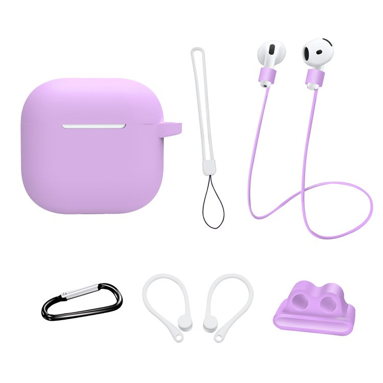 6 in 1 Headset Accessories for AirPods 4 Silicone Case + Carrying Strap + Earphone Holder + Ear Hooks + Neck Strap + Keychain - Purple