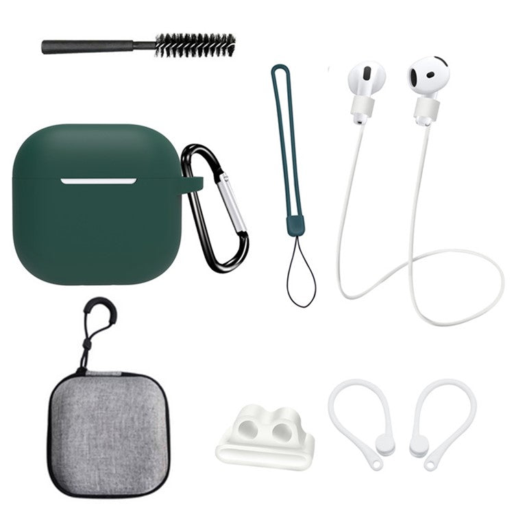 8 Pcs  /  Set For AirPods 4 Protective Case Set with Anti-Lost Strap Watch Clip Ear Hooks Carabiner Cleaning Brush Grey Bag - Blackish Green