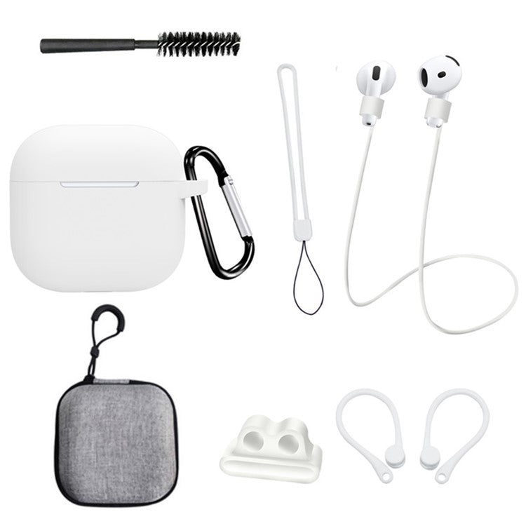 8 Pcs  /  Set For AirPods 4 Protective Case Set with Anti-Lost Strap Watch Clip Ear Hooks Carabiner Cleaning Brush Grey Bag - White