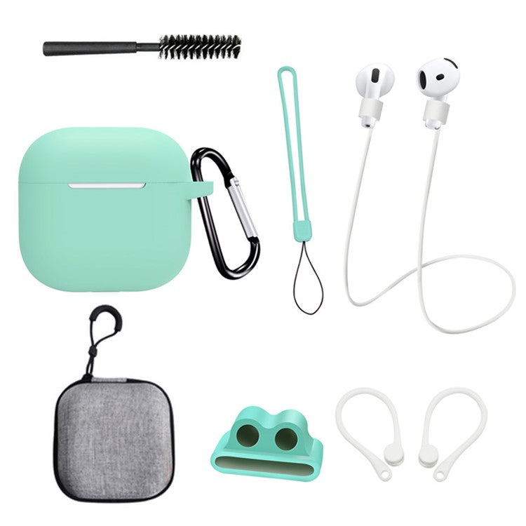 8 Pcs  /  Set For AirPods 4 Protective Case Set with Anti-Lost Strap Watch Clip Ear Hooks Carabiner Cleaning Brush Grey Bag - Mint Green