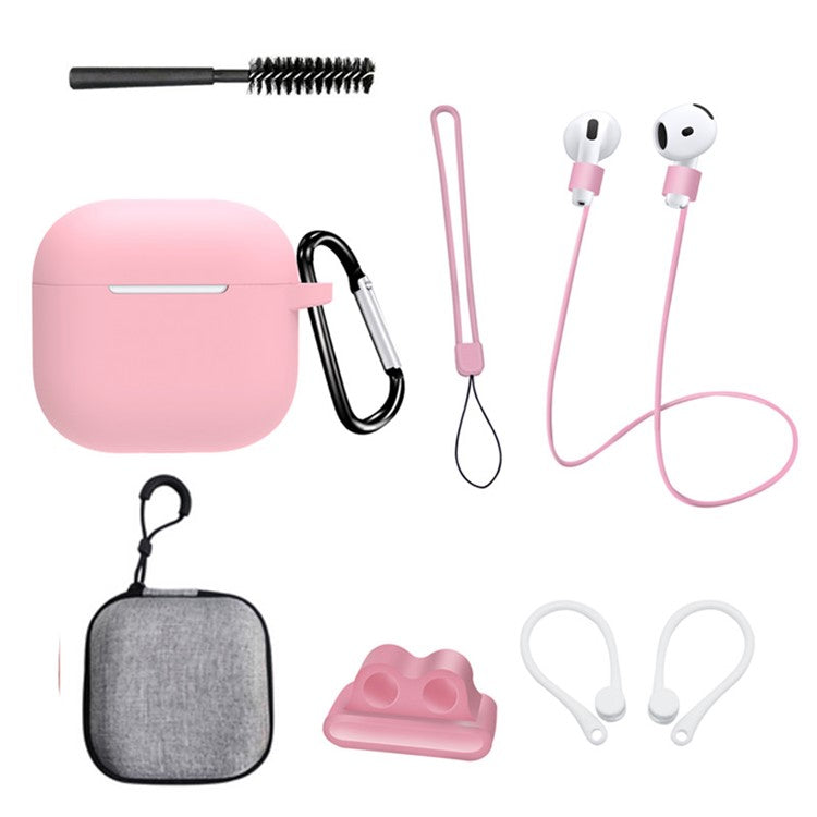 8 Pcs  /  Set For AirPods 4 Protective Case Set with Anti-Lost Strap Watch Clip Ear Hooks Carabiner Cleaning Brush Grey Bag - Pink