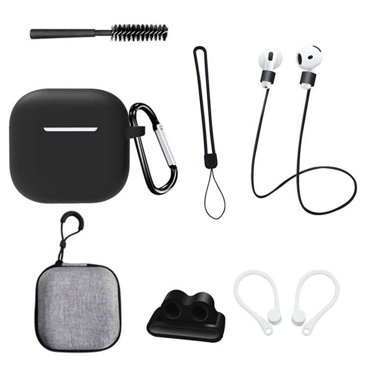 8 Pcs  /  Set For AirPods 4 Protective Case Set with Anti-Lost Strap Watch Clip Ear Hooks Carabiner Cleaning Brush Grey Bag - Black