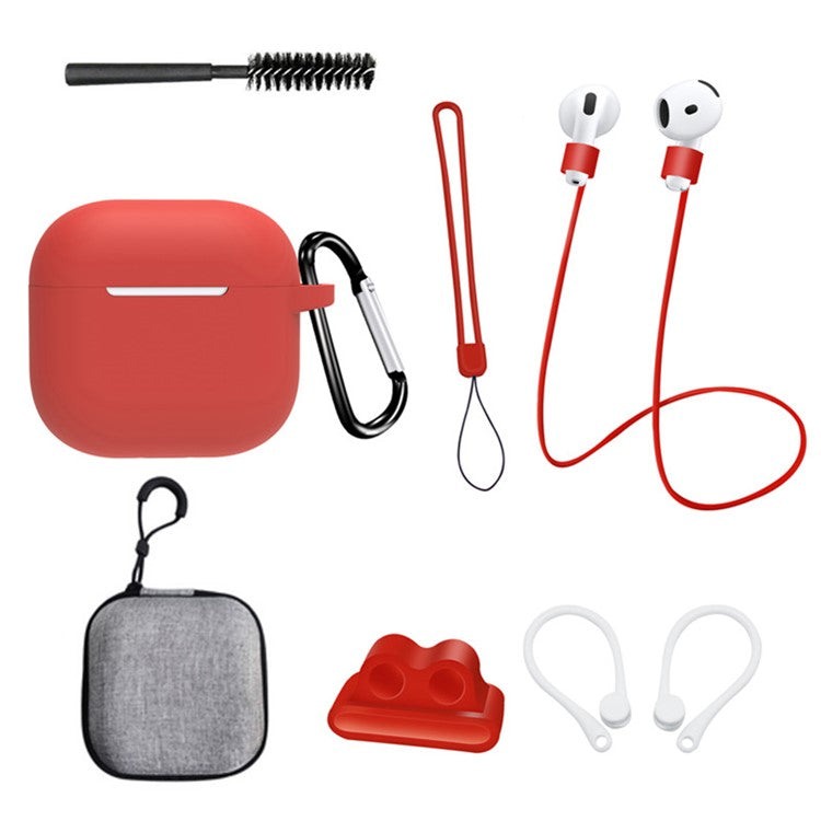 8 Pcs  /  Set For AirPods 4 Protective Case Set with Anti-Lost Strap Watch Clip Ear Hooks Carabiner Cleaning Brush Grey Bag - Red