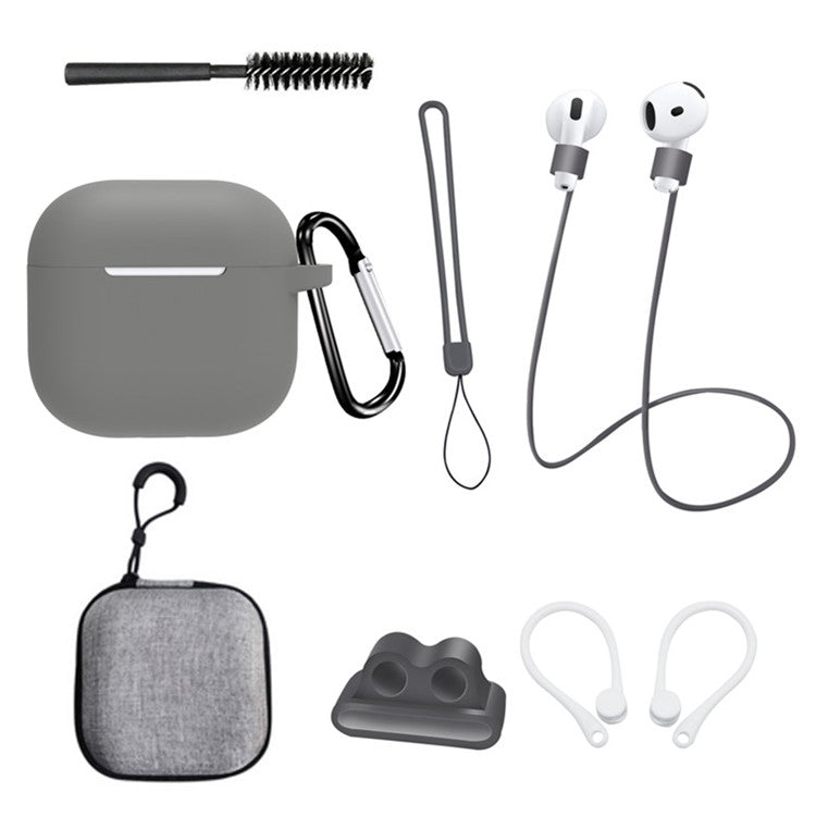 8 Pcs  /  Set For AirPods 4 Protective Case Set with Anti-Lost Strap Watch Clip Ear Hooks Carabiner Cleaning Brush Grey Bag - Grey