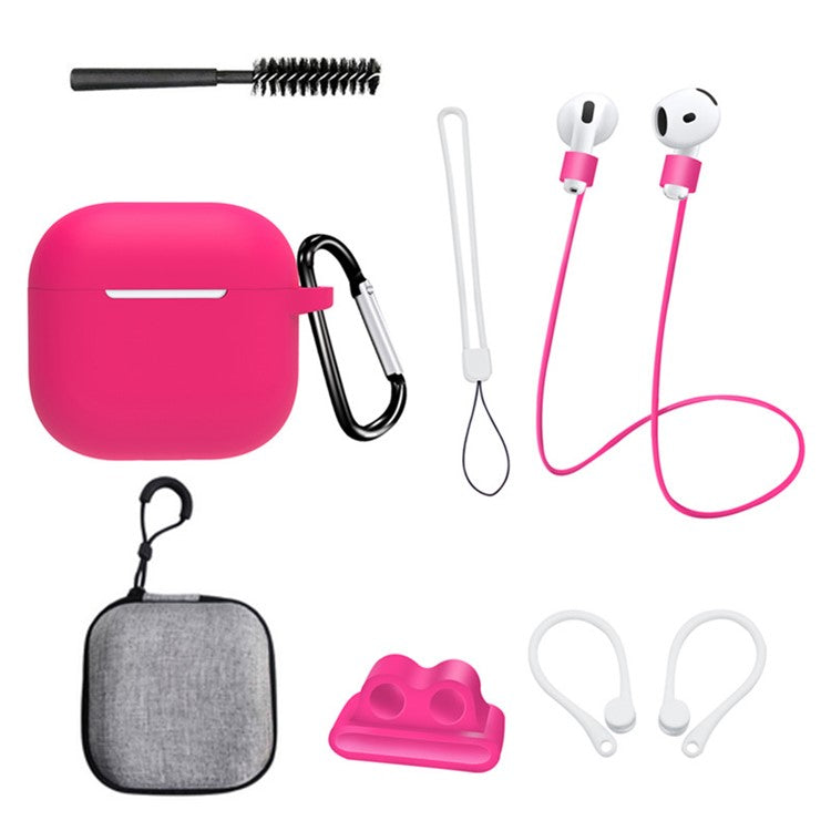 8 Pcs  /  Set For AirPods 4 Protective Case Set with Anti-Lost Strap Watch Clip Ear Hooks Carabiner Cleaning Brush Grey Bag - Rose