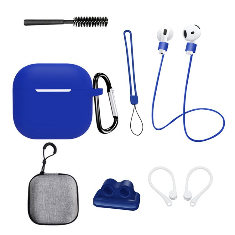 8 Pcs  /  Set For AirPods 4 Protective Case Set with Anti-Lost Strap Watch Clip Ear Hooks Carabiner Cleaning Brush Grey Bag - Blue