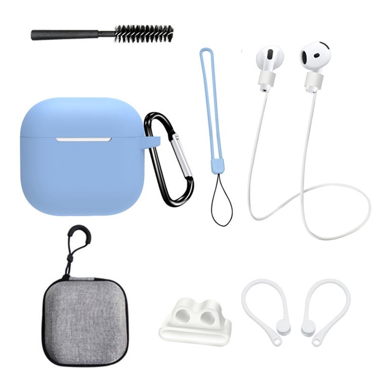 8 Pcs  /  Set For AirPods 4 Protective Case Set with Anti-Lost Strap Watch Clip Ear Hooks Carabiner Cleaning Brush Grey Bag - Baby Blue