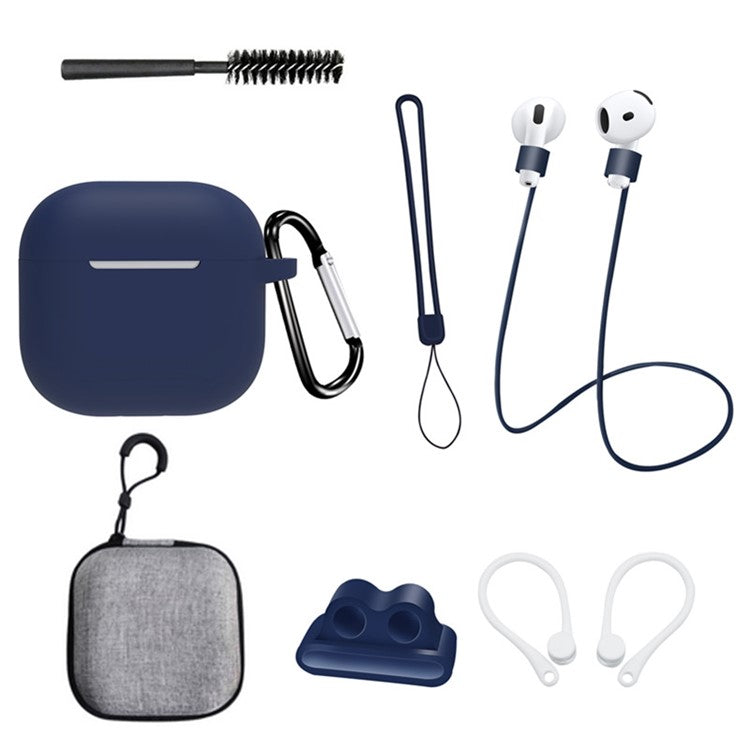 8 Pcs  /  Set For AirPods 4 Protective Case Set with Anti-Lost Strap Watch Clip Ear Hooks Carabiner Cleaning Brush Grey Bag - Dark Blue