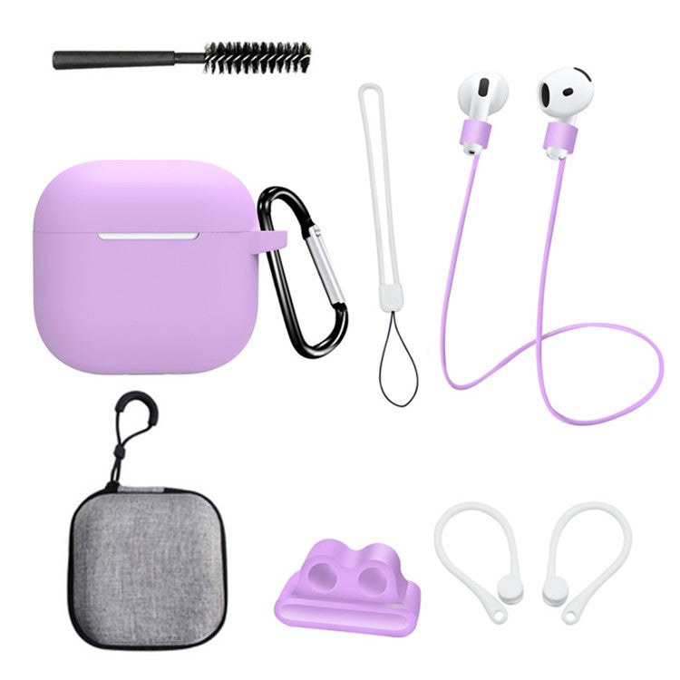 8 Pcs  /  Set For AirPods 4 Protective Case Set with Anti-Lost Strap Watch Clip Ear Hooks Carabiner Cleaning Brush Grey Bag - Light Purple