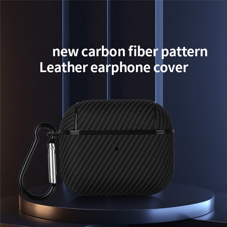 For AirPods 4 Protective Cover Carbon Fiber Texture Earbuds PU Leather PC Hard Case with Hook - Black