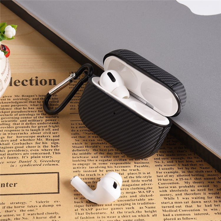 For AirPods 4 Protective Cover Carbon Fiber Texture Earbuds PU Leather PC Hard Case with Hook - Black