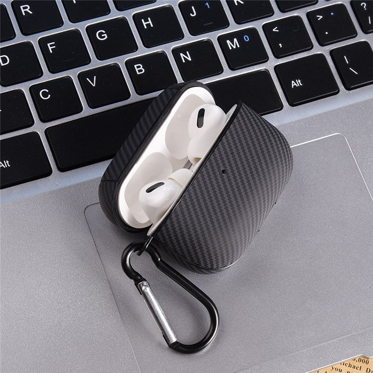 For AirPods 4 Protective Cover Carbon Fiber Texture Earbuds PU Leather PC Hard Case with Hook - Black