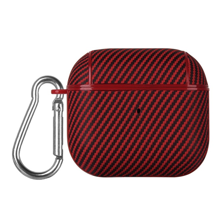 For AirPods 4 Protective Cover Carbon Fiber Texture Earbuds PU Leather PC Hard Case with Hook - Red