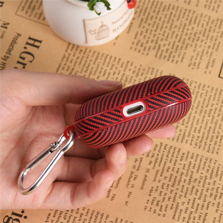 For AirPods 4 Protective Cover Carbon Fiber Texture Earbuds PU Leather PC Hard Case with Hook - Red