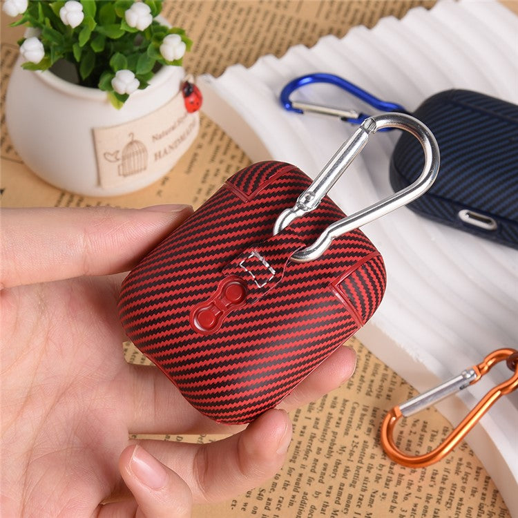 For AirPods 4 Protective Cover Carbon Fiber Texture Earbuds PU Leather PC Hard Case with Hook - Red