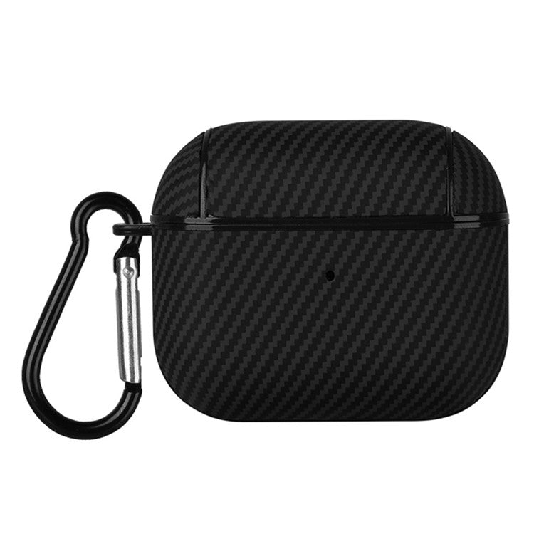 For Apple AirPods 3 Protective Cover Carbon Fiber Texture Earbuds PU Leather PC Hard Case with Hook - Black