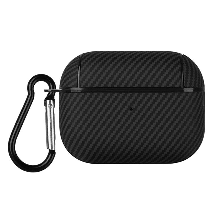 For Apple AirPods Pro Protective Cover Carbon Fiber Texture Earbuds PU Leather PC Hard Case with Hook - Black