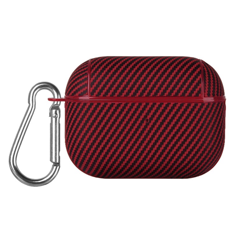 For Apple AirPods Pro Protective Cover Carbon Fiber Texture Earbuds PU Leather PC Hard Case with Hook - Red