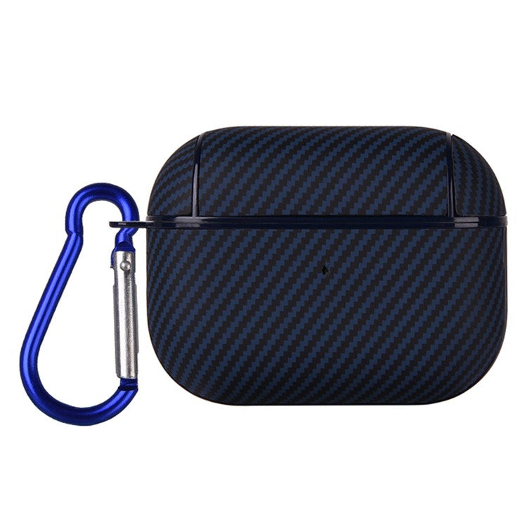 For Apple AirPods Pro Protective Cover Carbon Fiber Texture Earbuds PU Leather PC Hard Case with Hook - Blue