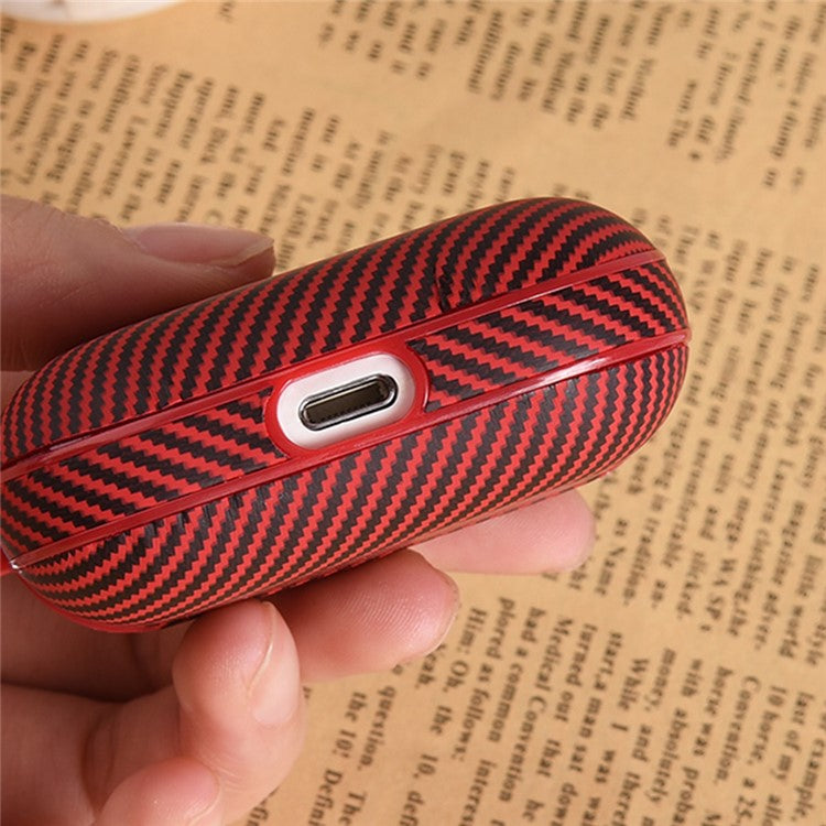 For AirPods Pro 2 Protective Cover Carbon Fiber Texture Earbuds PU Leather PC Hard Case with Hook - Red