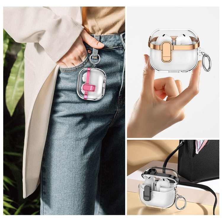 Transparent Case for Samsung Galaxy Buds3 / Buds3 Pro Electroplated TPU + PC Earbuds Protector with Lock Buckle - Rose Gold