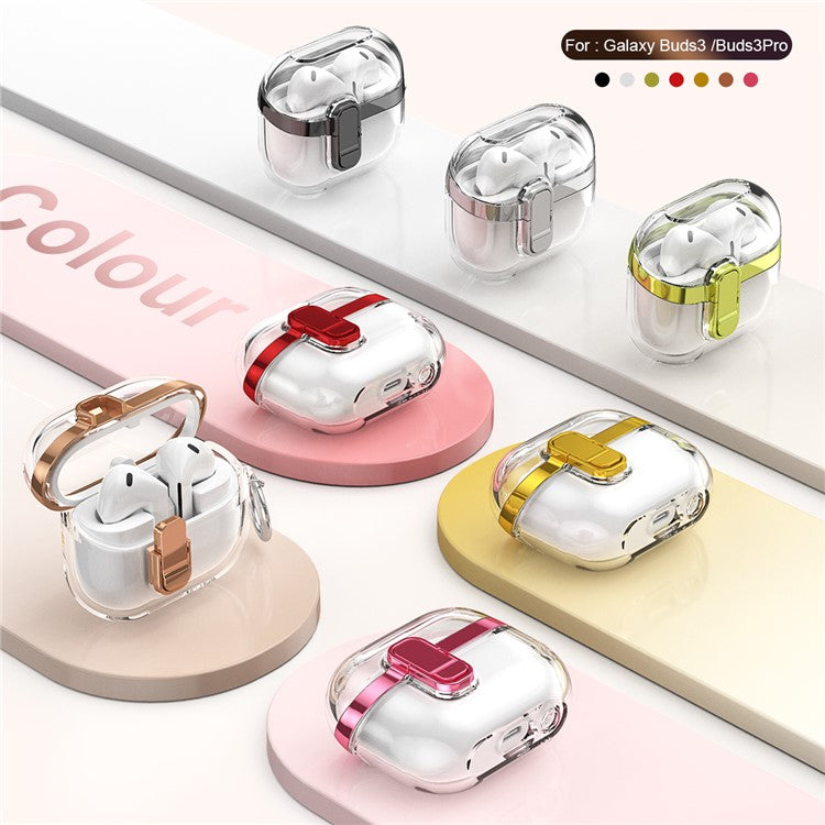 Transparent Case for Samsung Galaxy Buds3 / Buds3 Pro Electroplated TPU + PC Earbuds Protector with Lock Buckle - Rose Gold