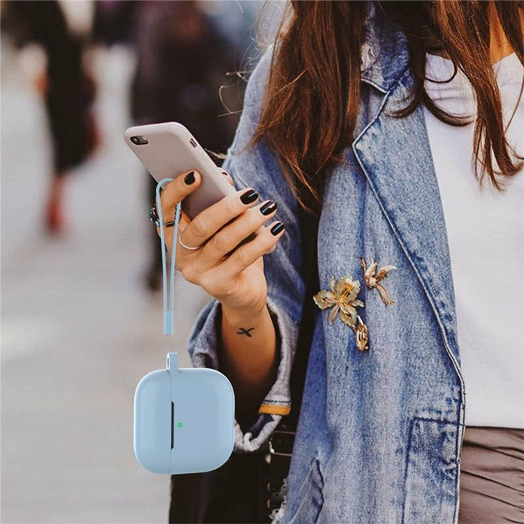 For Apple AirPods 4 Silicone Protective Case Bluetooth Earphone Cover with Hand Strap - Denim Blue