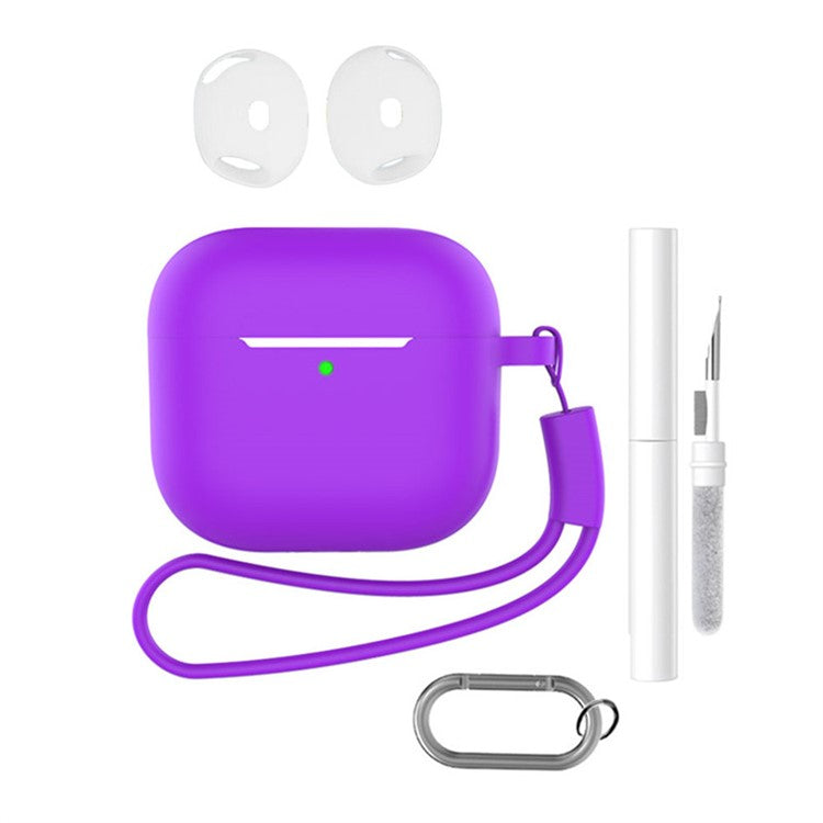 For AirPods 4 Earphone Silicone Case Set with Anti-Lost Keychain, Strap, Ear Tips, Cleaning Pen - Purple