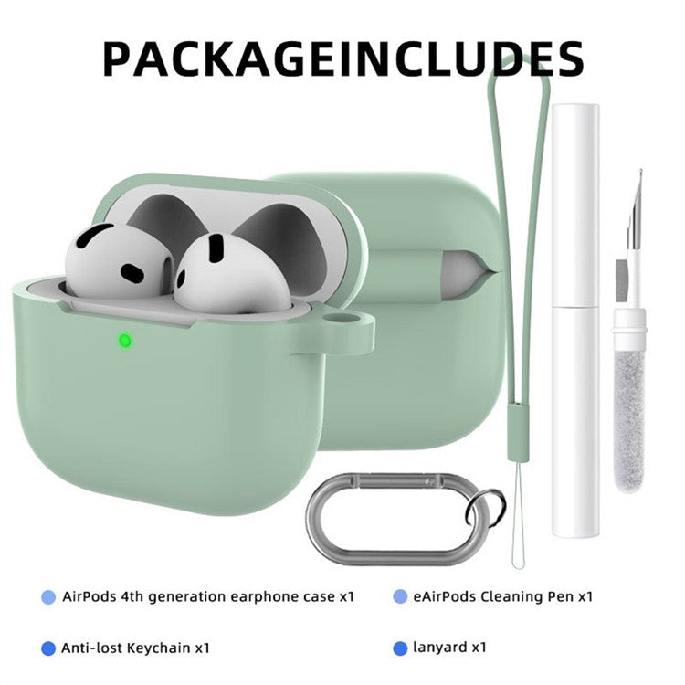 For AirPods 4 Earphone Silicone Case Set with Anti-Lost Keychain, Strap, Ear Tips, Cleaning Pen - White