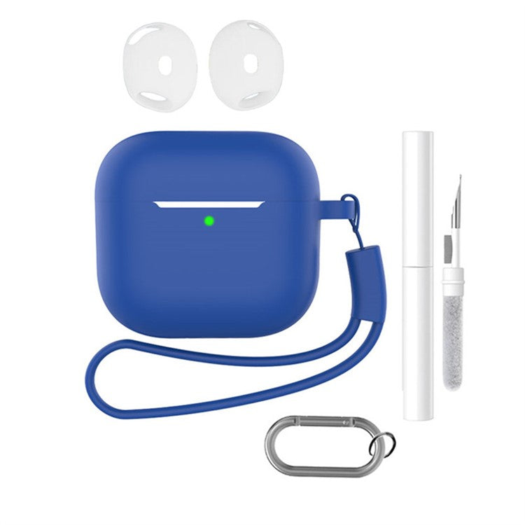 For AirPods 4 Earphone Silicone Case Set with Anti-Lost Keychain, Strap, Ear Tips, Cleaning Pen - Sapphire