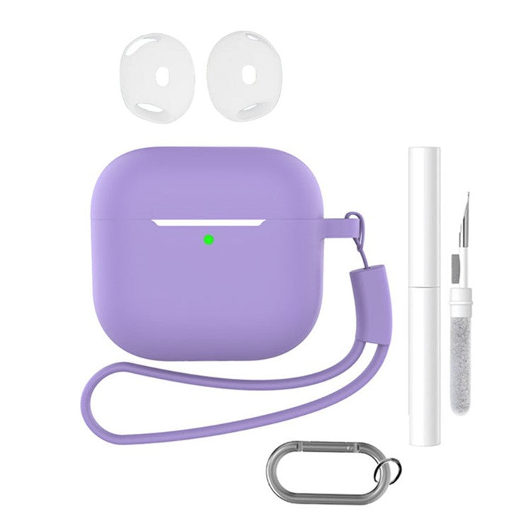 For AirPods 4 Earphone Silicone Case Set with Anti-Lost Keychain, Strap, Ear Tips, Cleaning Pen - Violet