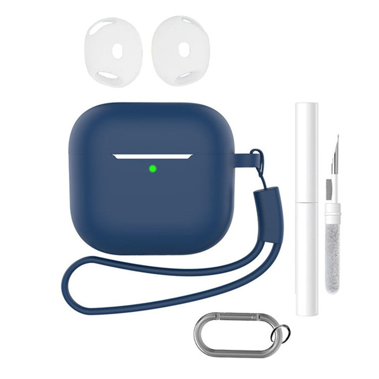 For AirPods 4 Earphone Silicone Case Set with Anti-Lost Keychain, Strap, Ear Tips, Cleaning Pen - Midnight Blue