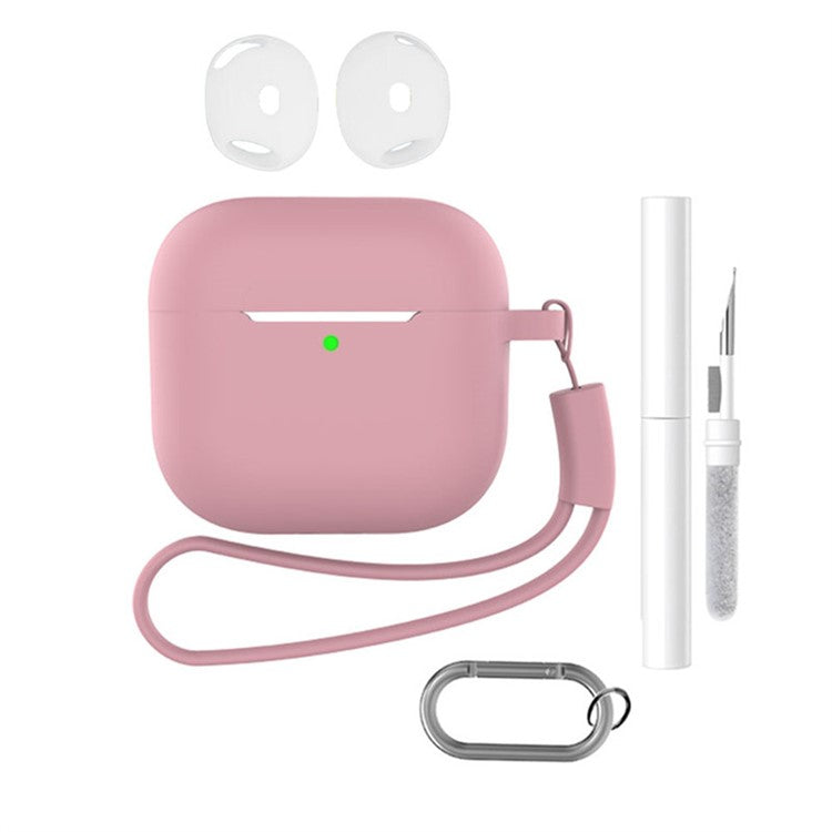 For AirPods 4 Earphone Silicone Case Set with Anti-Lost Keychain, Strap, Ear Tips, Cleaning Pen - Bean Pink