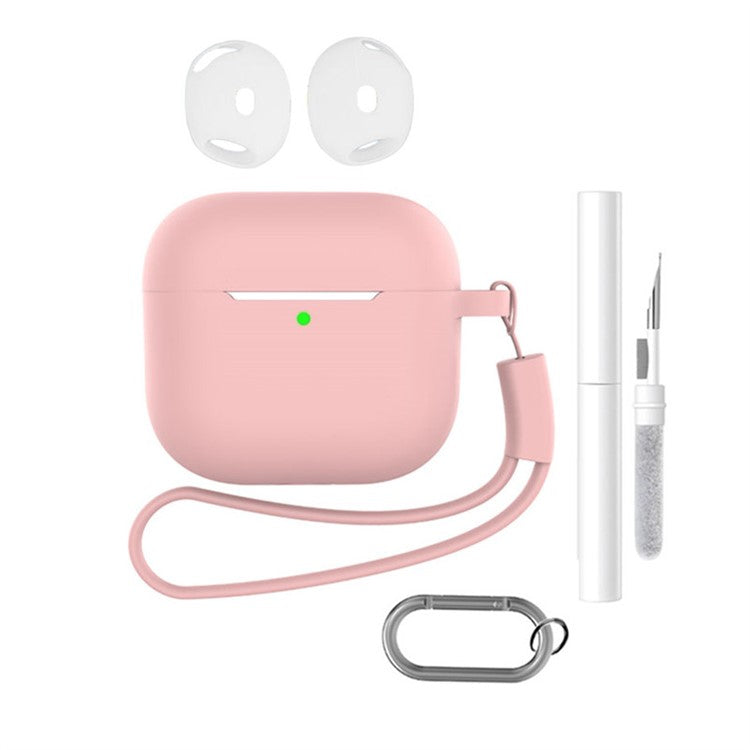 For AirPods 4 Earphone Silicone Case Set with Anti-Lost Keychain, Strap, Ear Tips, Cleaning Pen - Pink