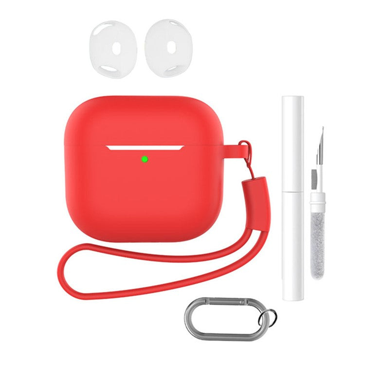 For AirPods 4 Earphone Silicone Case Set with Anti-Lost Keychain, Strap, Ear Tips, Cleaning Pen - Red