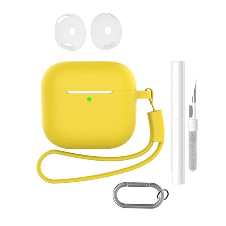 For AirPods 4 Earphone Silicone Case Set with Anti-Lost Keychain, Strap, Ear Tips, Cleaning Pen - Yellow