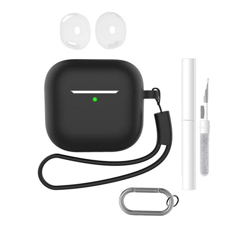 For AirPods 4 Earphone Silicone Case Set with Anti-Lost Keychain, Strap, Ear Tips, Cleaning Pen - Black