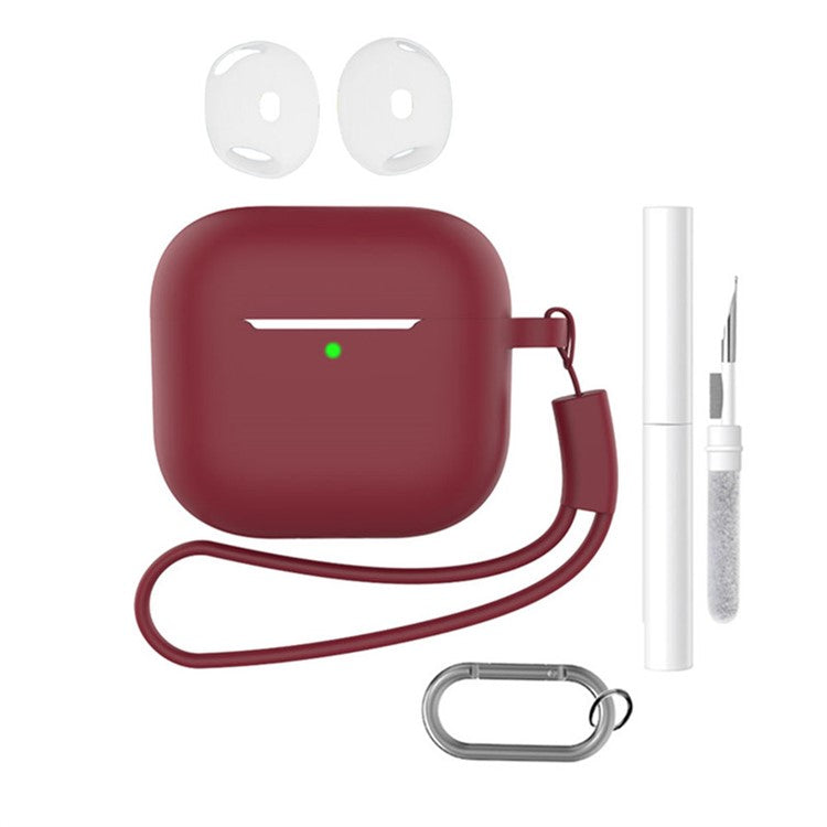 For AirPods 4 Earphone Silicone Case Set with Anti-Lost Keychain, Strap, Ear Tips, Cleaning Pen - Wine Red