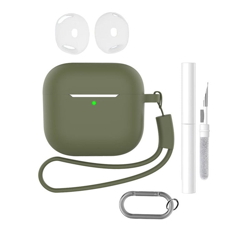 For AirPods 4 Earphone Silicone Case Set with Anti-Lost Keychain, Strap, Ear Tips, Cleaning Pen - Army Green