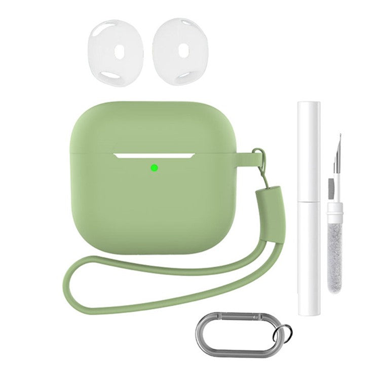 For AirPods 4 Earphone Silicone Case Set with Anti-Lost Keychain, Strap, Ear Tips, Cleaning Pen - Matcha Green