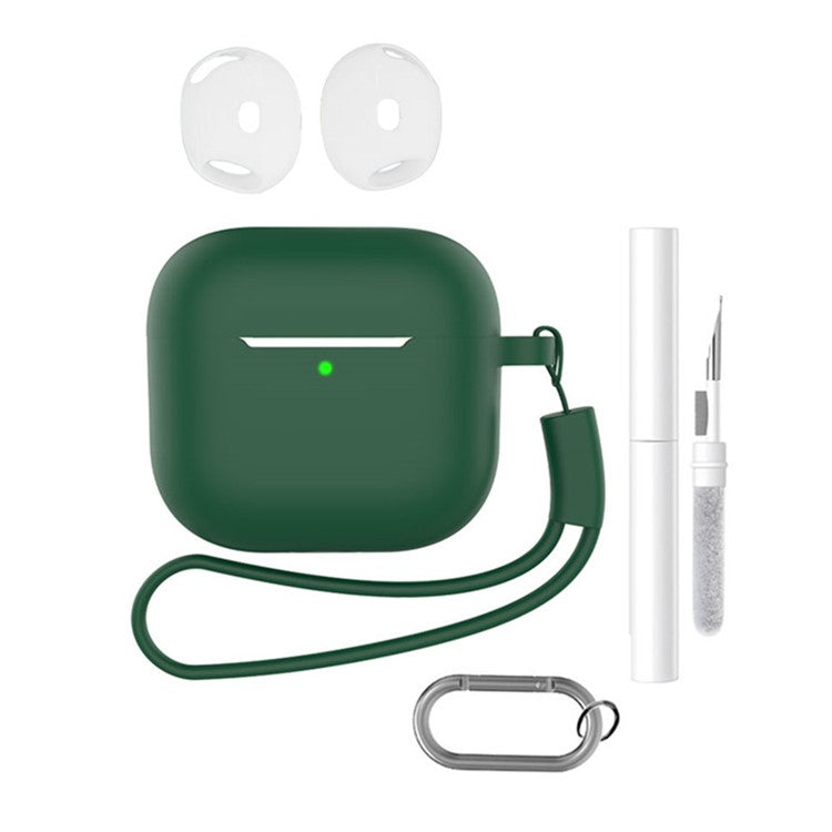 For AirPods 4 Earphone Silicone Case Set with Anti-Lost Keychain, Strap, Ear Tips, Cleaning Pen - Blackish Green