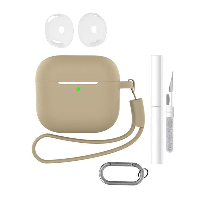 For AirPods 4 Earphone Silicone Case Set with Anti-Lost Keychain, Strap, Ear Tips, Cleaning Pen - Milk Tea