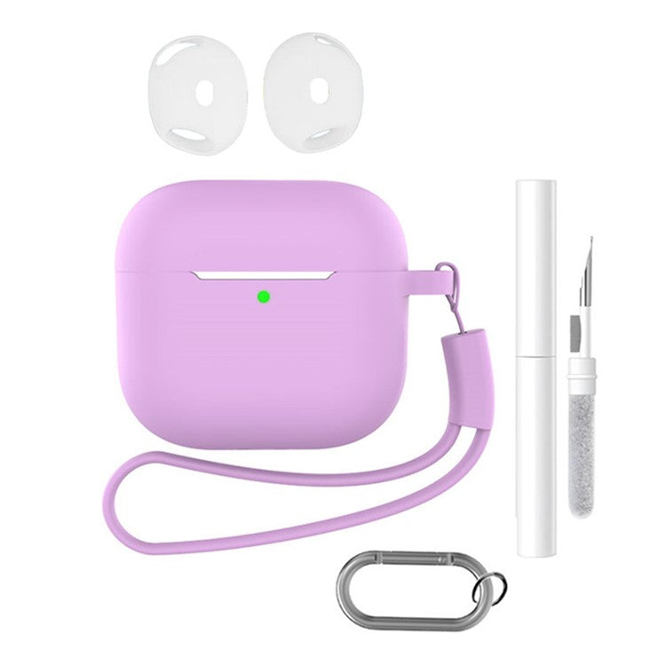 For AirPods 4 Earphone Silicone Case Set with Anti-Lost Keychain, Strap, Ear Tips, Cleaning Pen - Lavender