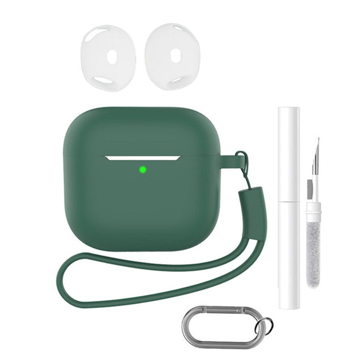 For AirPods 4 Earphone Silicone Case Set with Anti-Lost Keychain, Strap, Ear Tips, Cleaning Pen - Pine Green