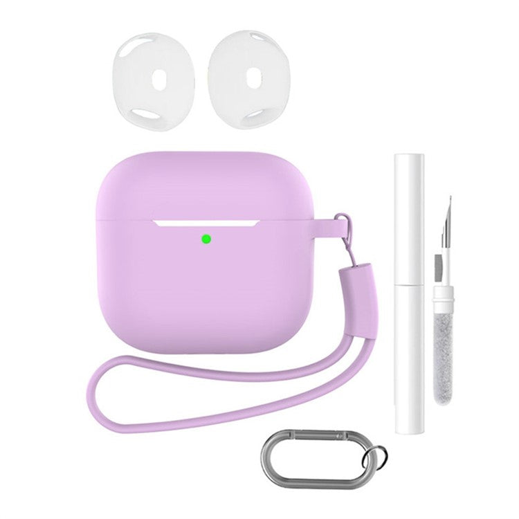 For AirPods 4 Earphone Silicone Case Set with Anti-Lost Keychain, Strap, Ear Tips, Cleaning Pen - Light Purple