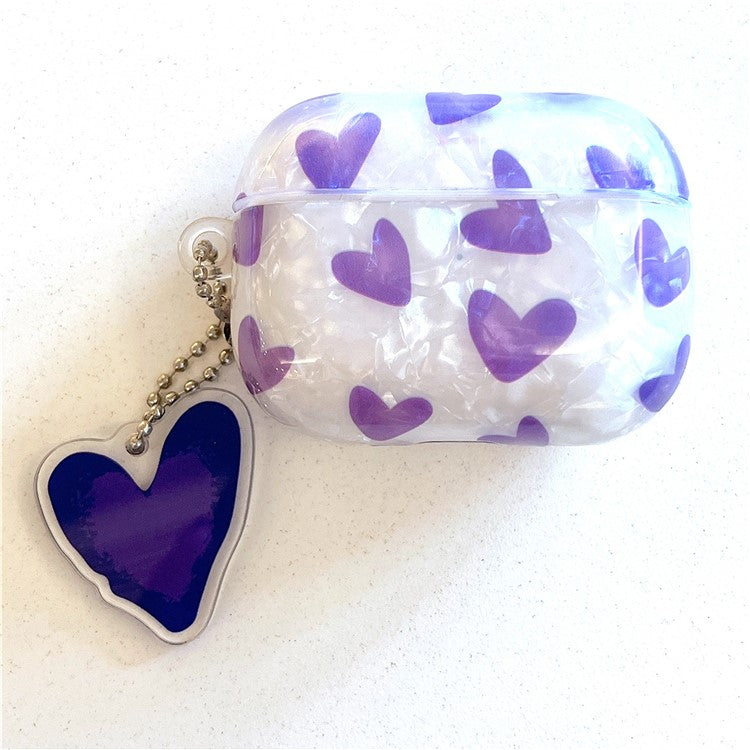 For AirPods 4 Earphone Case Shell Pattern Heart TPU Cover with Heart Pendant - Purple