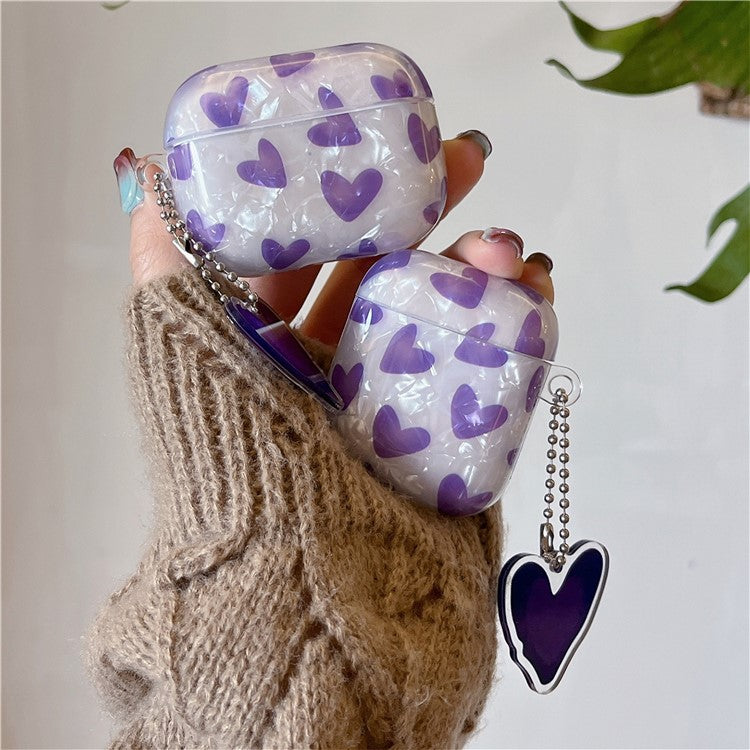 For AirPods 4 Earphone Case Shell Pattern Heart TPU Cover with Heart Pendant - Purple