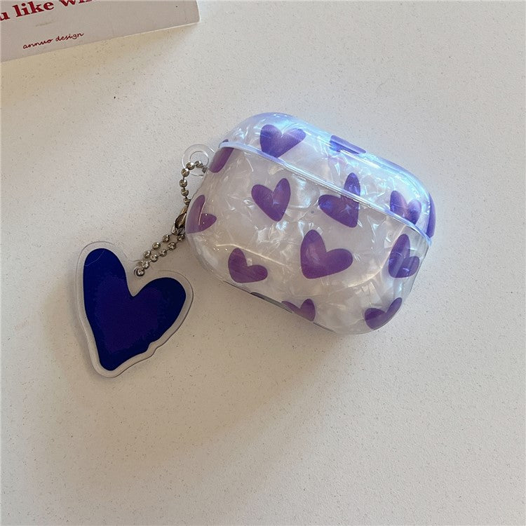 For AirPods 4 Earphone Case Shell Pattern Heart TPU Cover with Heart Pendant - Purple