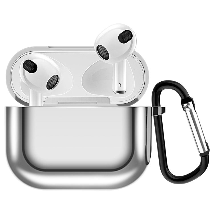 Plating TPU Soft Cover Shockproof Full Protective Case with Keychain for AirPods 3 - Silver