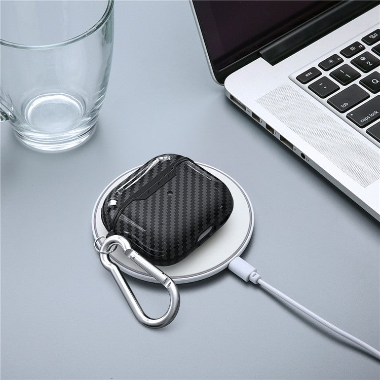 Carbon Fiber Soft TPU Shockproof Case Earphone Cover with Anti-Lost Carabiner for AirPods 3 - Black